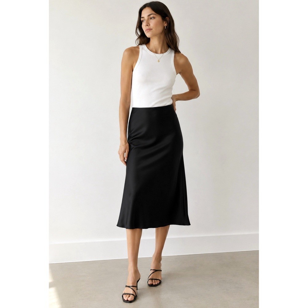 NEW! Calvin Klein Satin Midi Skirt Black Classic SZ M